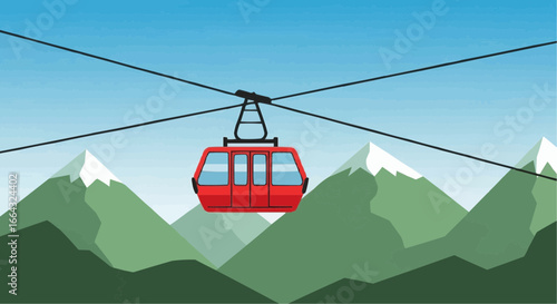 Red cable car ascending high above a snow-capped mountain range.