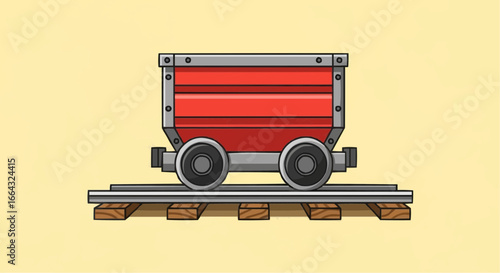 A red mining cart sitting on a section of railroad track with wooden sleepers, depicted in a clean, cartoon illustration style.