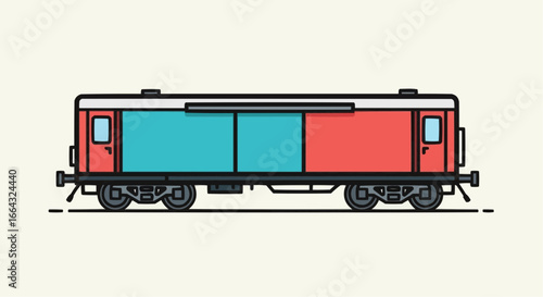 Illustration of a red and blue railroad freight car.