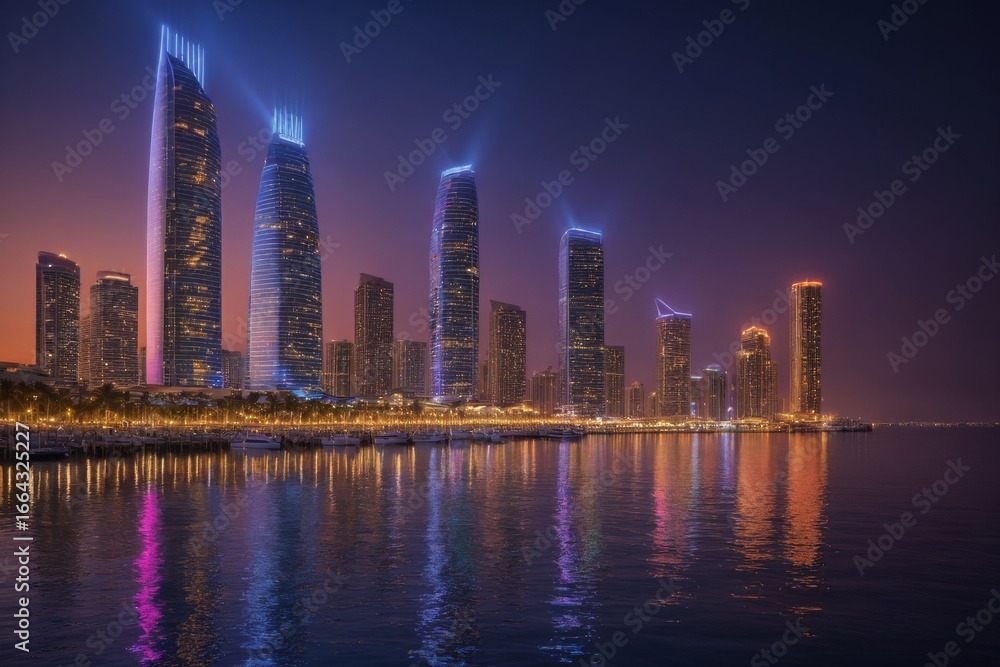 Fototapeta premium Moderne Skyline bei Nacht mit bunten Lichtern und reflektierendem Wasser