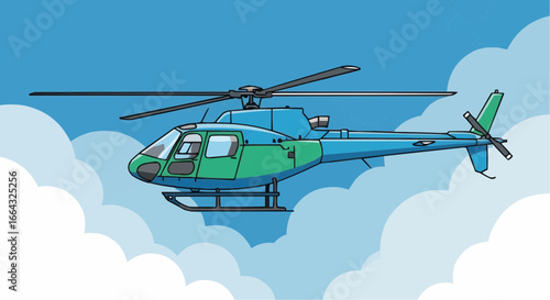 A side view illustration of a modern helicopter flying through a bright blue sky with fluffy white clouds.