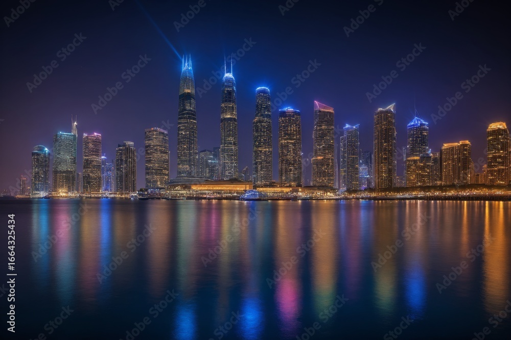Obraz premium Moderne Skyline bei Nacht mit bunten Lichtern und reflektierendem Wasser