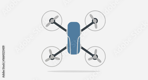 Top-down view of a modern blue and grey quadcopter drone with four rotors and propellers, isolated on a light grey background.