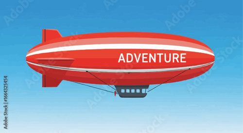 Red airship with the word 'Adventure' on its side flying in a blue sky.