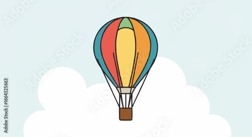 A colorful hot air balloon floats among fluffy white clouds against a light blue sky.