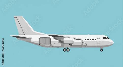 A detailed illustration of a white commercial airplane in profile against a clear blue sky.