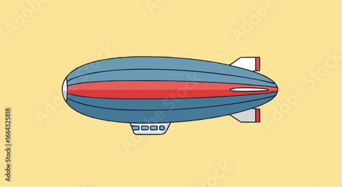 A simple, flat illustration of a blue and red zeppelin or airship flying against a solid yellow background.