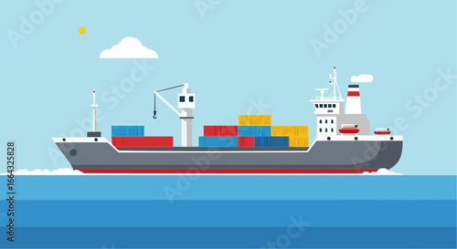 A large cargo ship carrying many containers sails across the blue ocean under a clear sky with a single cloud.