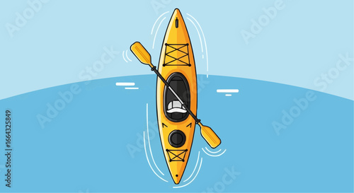 Top-down view of a yellow kayak with a paddle on the water surface.