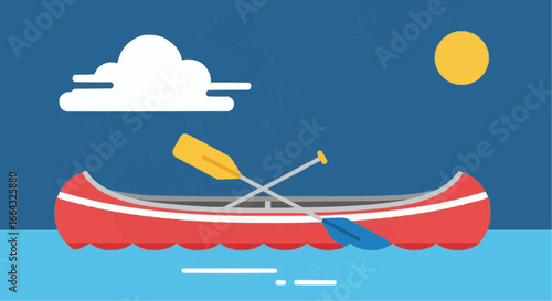 Red Canoe on Water with Paddle and Sun.