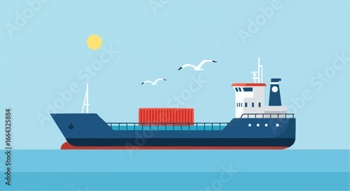 A red cargo container on a large blue cargo ship at sea.