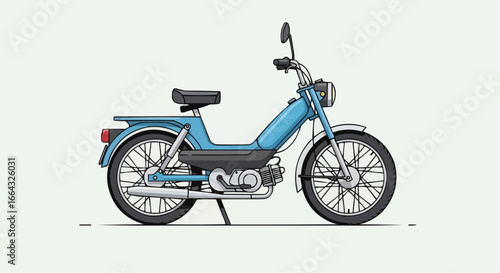 Side view illustration of a classic light blue moped with spoked wheels and a single seat on a plain background.