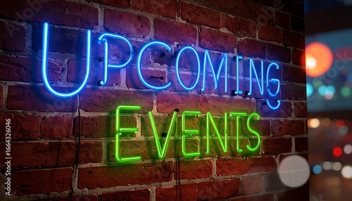 Vibrant neon sign announcing upcoming events against a rustic brick wall.