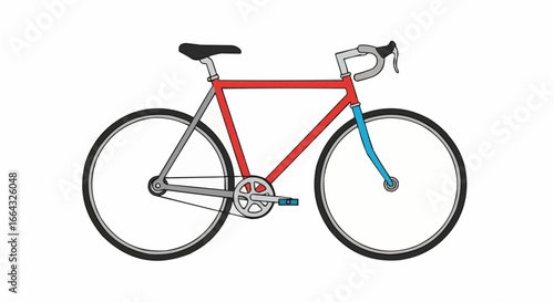 Illustration of a red and silver road bicycle with blue front fork.