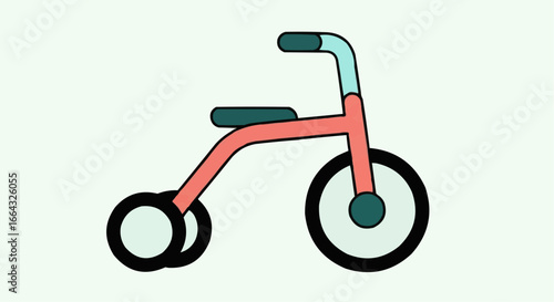 A child's red and teal tricycle with two smaller back wheels.