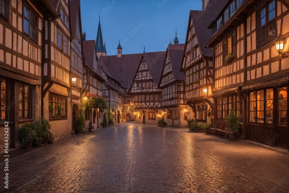 Fototapeta premium Mittelalterliche Fachwerkstraße bei Dämmerung mit historischen Gebäuden und Laternen