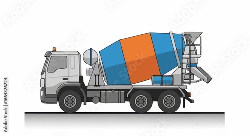 A detailed illustration of a cement mixer truck, a specialized vehicle used for transporting and mixing concrete on construction sites.