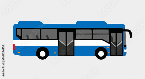 A detailed illustration of a blue city bus with white stripes, designed for urban public transportation.