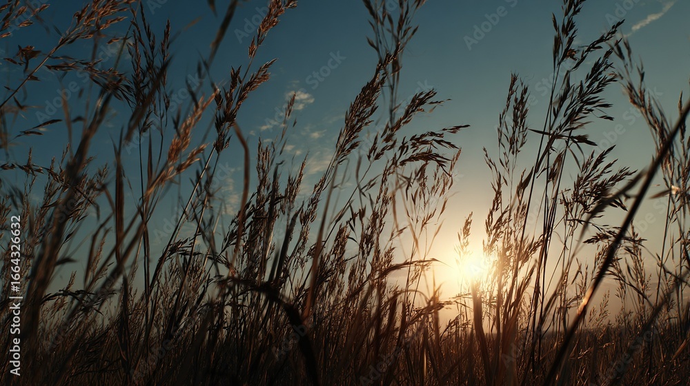 Obraz premium A field of tall grass, bathed in the golden light of the setting sun, stretches into the distance Above, a blue sky adorned with wispy clouds completes the pictures