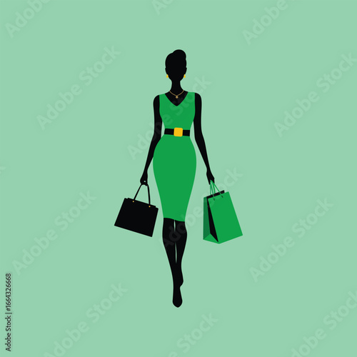 Fashionable Female Shopper Silhouette Vector Holding Shopping Bags.
