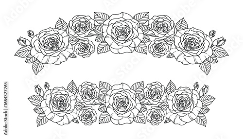 Floral ornament borders with roses and leaves in black and white line art, vector illustration
