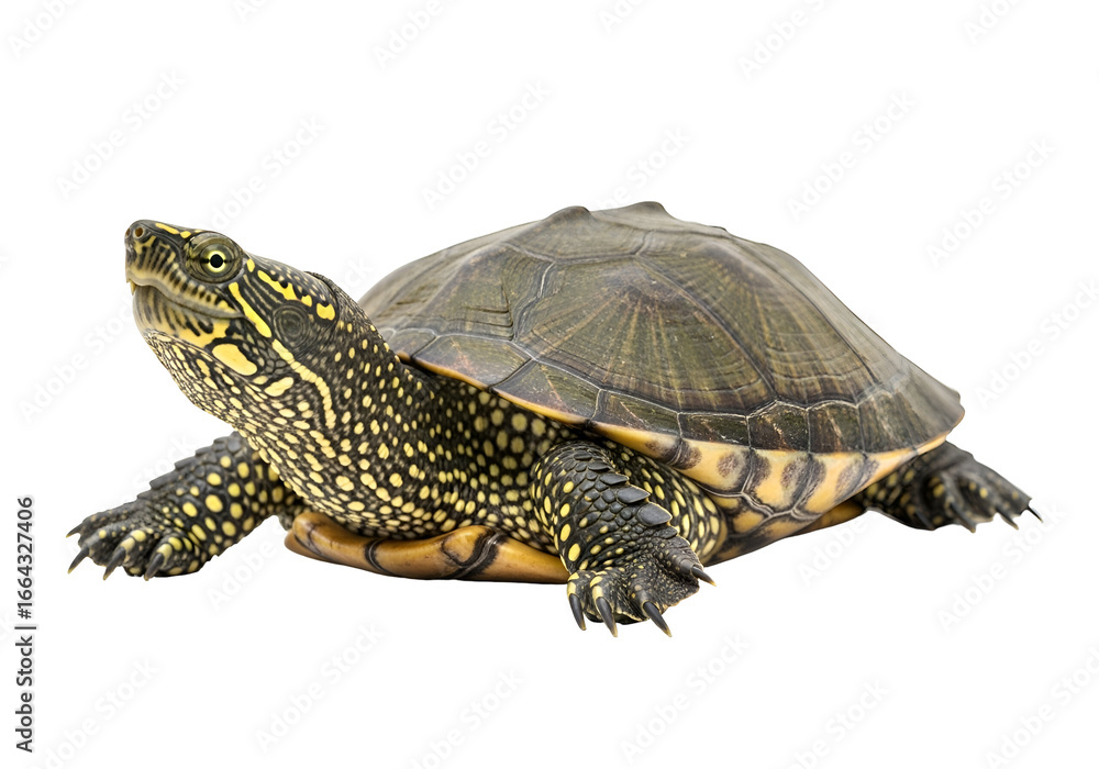 Obraz premium A detailed, close-up view of a speckled European pond turtle against a striking black backdrop.