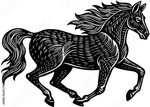 Trotting Horse Silhouette Linocut | Elegant Equine SVG | Rustic Vector Template