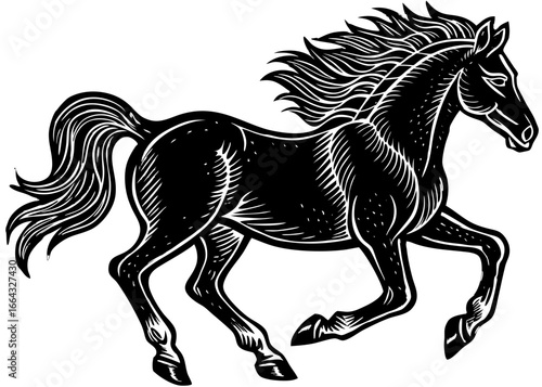 Trotting Horse Silhouette Linocut | Elegant Equine SVG | Rustic Vector Template