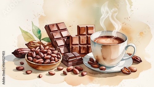 Minimal watercolor artwork of chocolate bars and cocoa beans with a cozy cup of cocoa drink, featuring delicate brush strokes and a warm, artistic color palette.