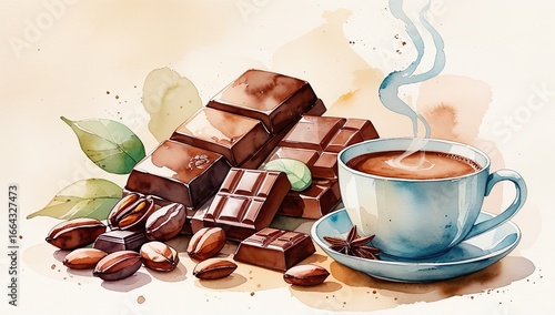 Elegant hand-drawn watercolor art depicting cocoa beans and hot chocolate cup in soft pastel tones with an artistic, minimalistic bohemian aesthetic.