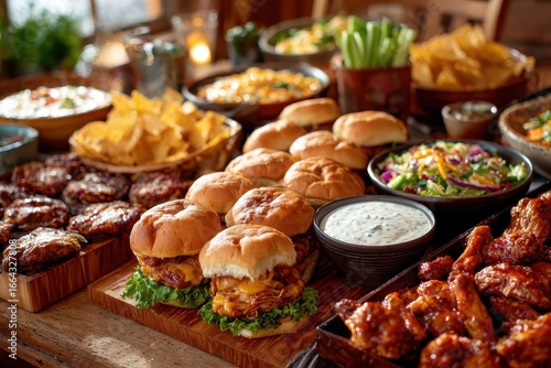 Delicious Food Spread: Burgers, Wings, Salad, and Dips on Wooden Table