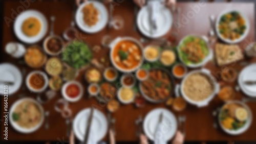 Wallpaper Mural blurry image of a dining table full of food, photographed from above, traditional food is visible on the table, blurry wallpaper. Torontodigital.ca