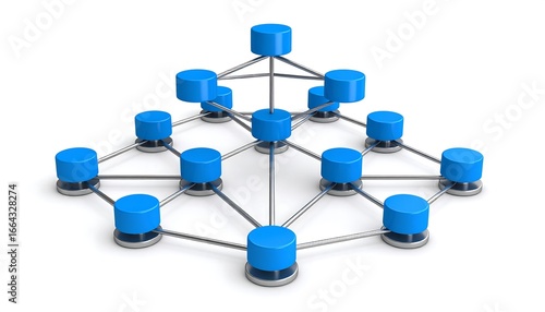 A 3D network diagram, featuring interconnected blue cylinders on a white background