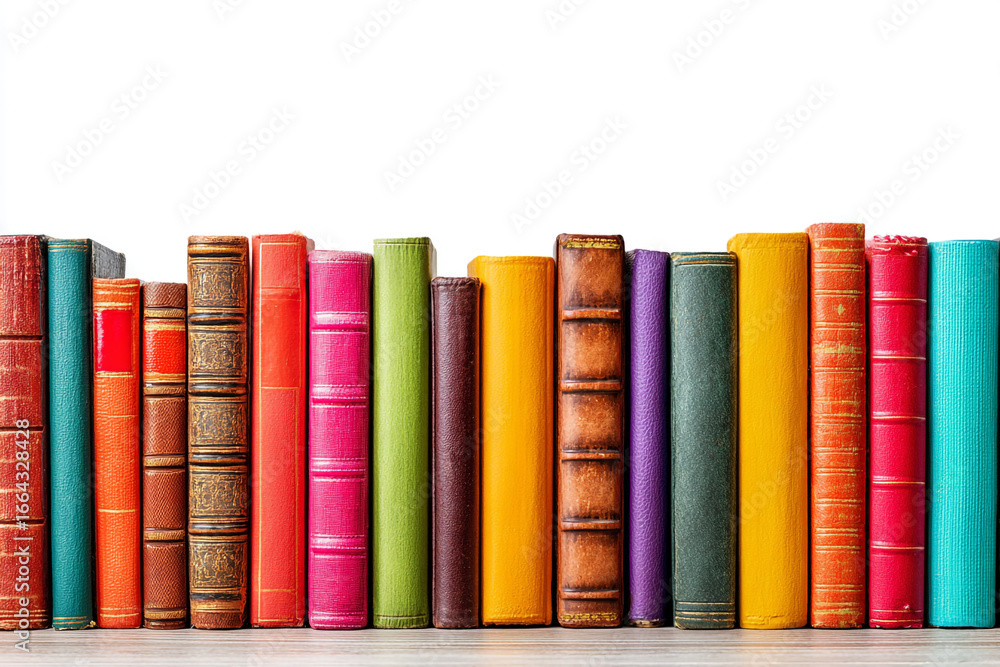 Naklejka premium Neatly arranged row of hardcover books standing upright on a clean white background, ideal for education, learning, and library concepts.