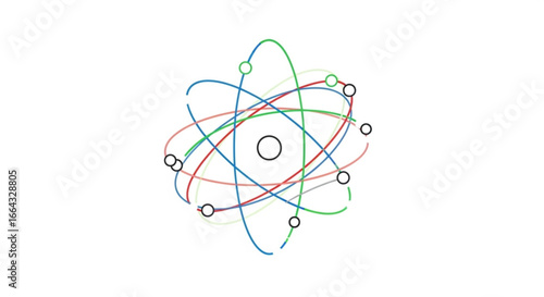 Atom model diagram for science education and physics learning resources with electron orbits and nucleus design