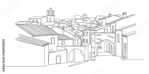 Monochrome line drawing of a European town featuring diverse buildings and arched passageways. Vector.