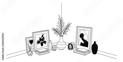 Contemporary decor scene with art frames, vases, books, in monochrome color palette. Vector Illustration.