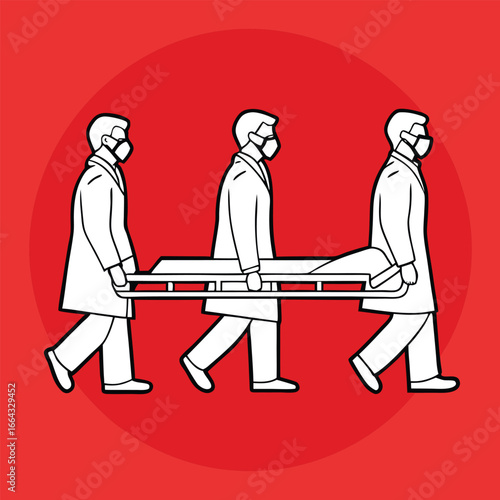 Three medical professionals in masks carrying a stretcher medical team healthcare workers