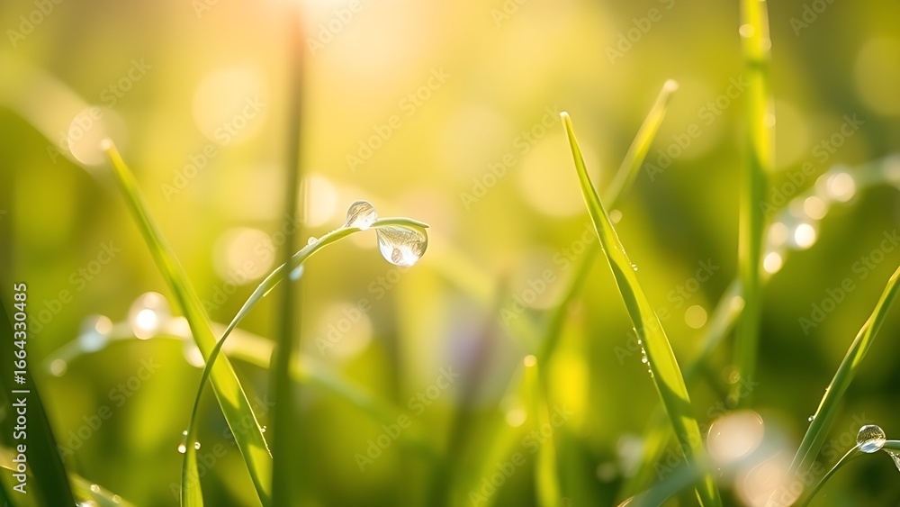 Fototapeta premium Morning dew glistens on tender grass blades, capturing the freshness of a spring day.