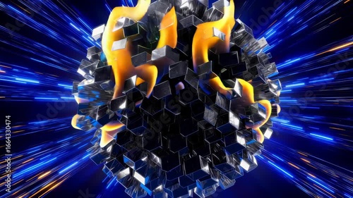 Dynamic 3D Animation of a Black Crystalline Sphere with Glowing Rays and Light Effects