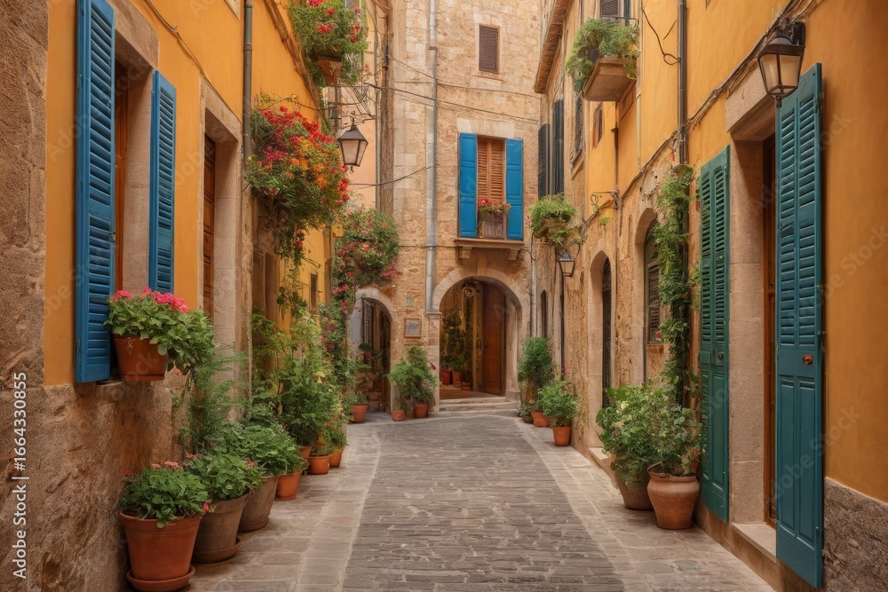 Fototapeta premium Malerische Gasse mit blauen Fensterläden und blühenden Pflanzen in Terrakotta-Töpfen