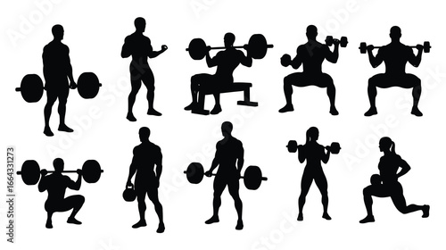 Silhouette of people doing strength training exercises with barbell and dumbbell isolated on white background