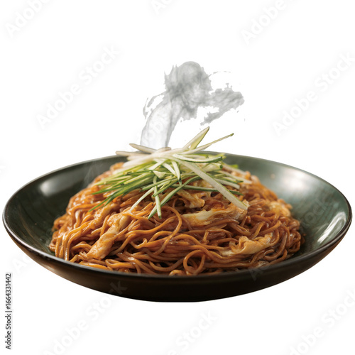 Obraz na płótnie Japchae Served Hot with Egg Garnish and Steam Veil isolated testy ingredient food transparent background 