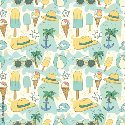 Seamless Pattern, Summer themed pattern with beach elements and accessories for background design Stock royalty free image.