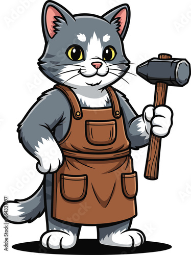 Cartoon cat character wearing apron holding hammer ideal for construction craftsman or builder
