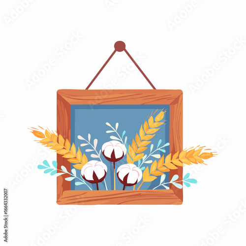 Wooden Frame With Wheat Ears And Cotton Plants
