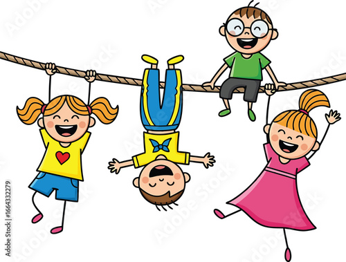 Cartoon children playing and hanging on a rope smiling and having fun together