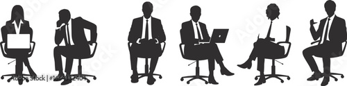 Business professionals silhouette sitting on office chairs, teamwork concept, corporate meeting illustration, communication, leadership, workplace diversity, minimal black and white design
