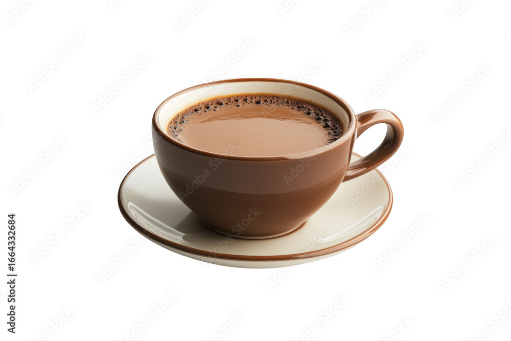 Fototapeta premium Delicious hot chocolate drink in a brown ceramic mug on a saucer, perfect for winter mornings, isolated on transparent background