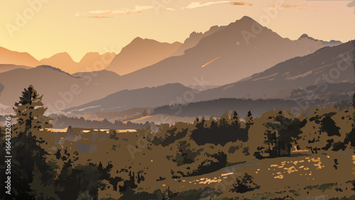 Soft golden sunset over a serene mountain range, warm light casting long shadows, tranquil nature scene.